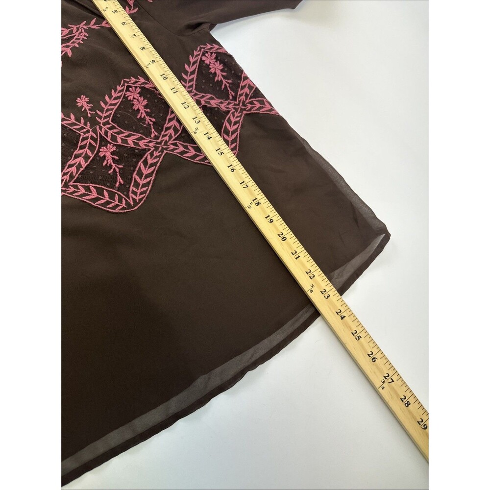 Anthropologie Long Sleeve Applique Blouse Brown Pink Embroidered Ruffle Chiffon - Picture 12 of 12